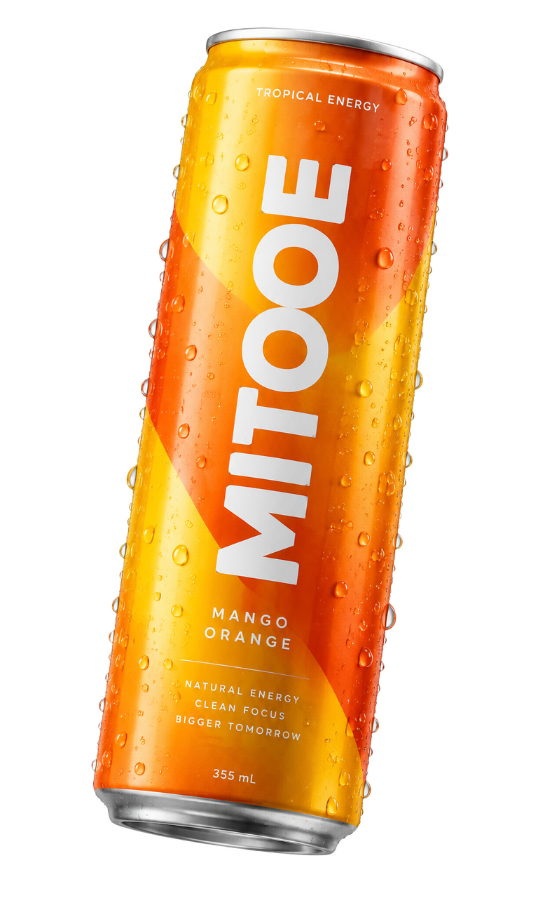Mitooe Mango Orange can with mango juice waves swirling around it